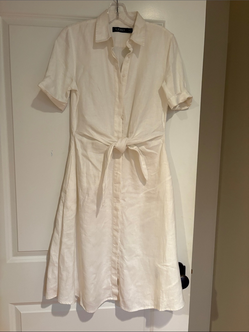 Ralph Lauren Cream Button-Front Tie-Waist Mini Dress